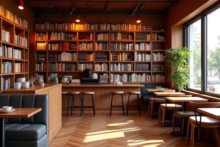 Intérieur chaleureux d'un café-librairie avec des étagères en bois