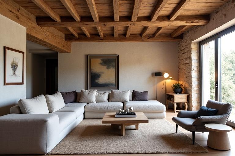 Salon d'un appartement canut rénové avec poutres apparentes
