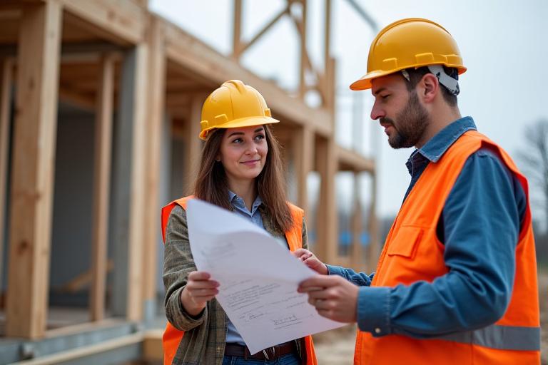 Architecte sur un chantier discutant avec un ouvrier