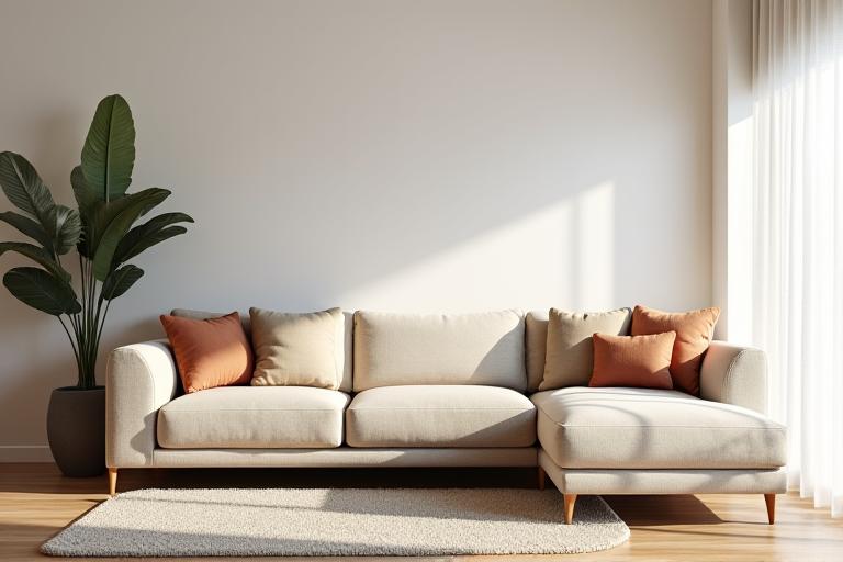 Appartement rénové pour le home staging avec un grand canapé beige et des coussins décoratifs